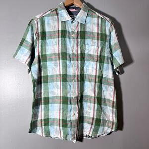 Tommy Bahama Cotton Shirt Large Green Plaid Shadow Floral Short Sleeve Button